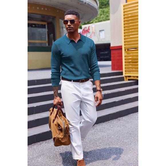 Men's Knit Polo Sweater V-Neck Long Sleeve Dress Pullover Sweater Peacock Blue - Picture 2 of 5